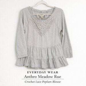 Meadow Rue Anthro Gray Crochet Lace Bib Tiered Ruffle Peplum Top Small